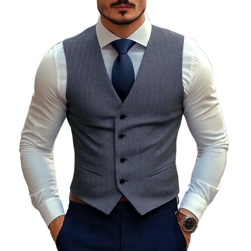 Men's Vintage Wool Blend Herringbone V-Neck Single-Breasted Slim-Fit Suit Vest MTA2770H7M