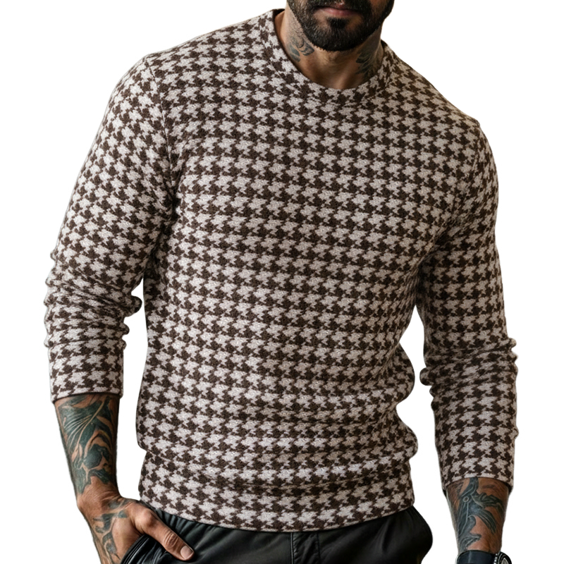 Men's Retro Casual Houndstooth Round Neck Long Sleeve T-shirt MTA1077J7TO