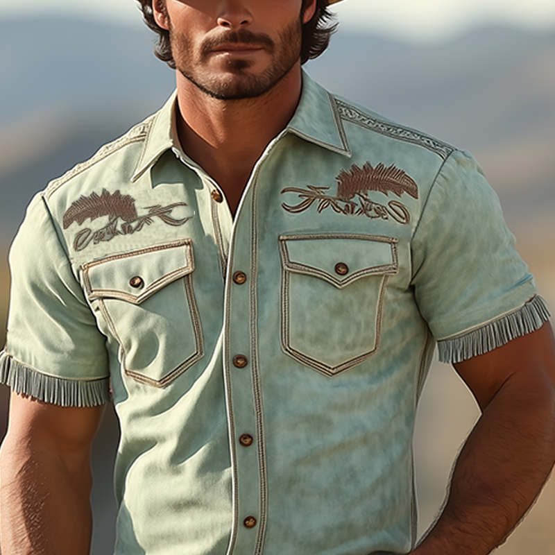 Men's Spring And Summer Fashion Retro Western Cowboy Style Thin Suede Embroidered Tassel Slim Short-sleeved Shirt MTA1598E4K
