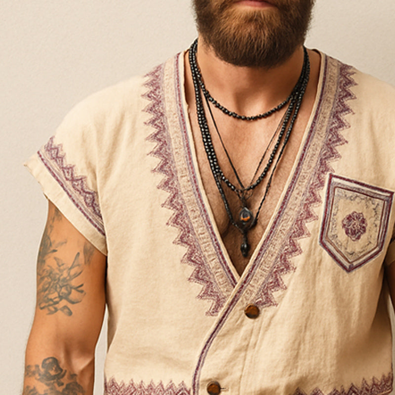Men's Summer Exquisite Embroidered V-Neck T-Shirt Shorts Set MTA2868E1U