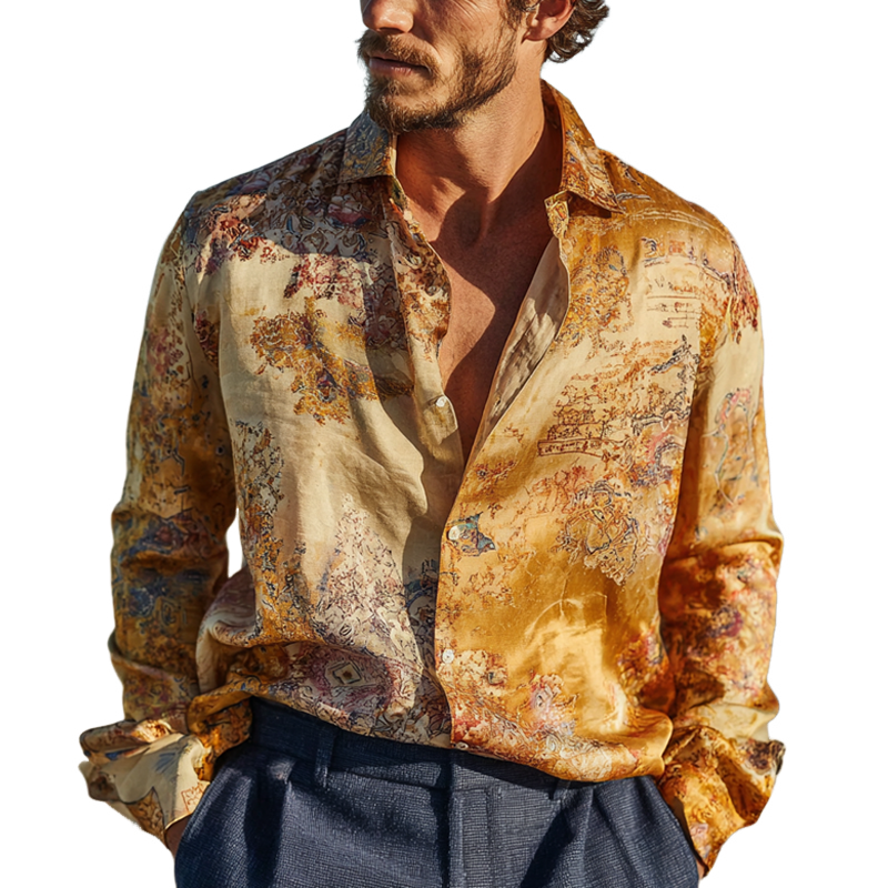 Men's Floral Print Satin Lapel Long Sleeve Shirt MTA1686G6Z