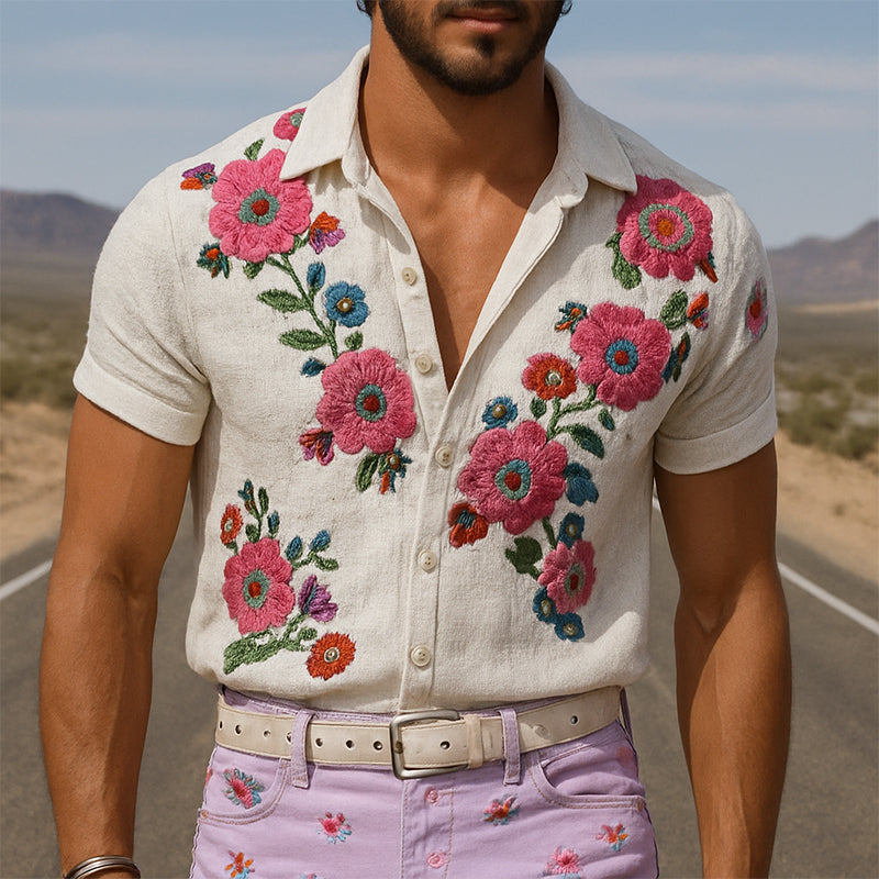 Herreskjorte med brodert blomstermønster og korte ermer i retro-stil, avslappet lin, MTA2070E8TO