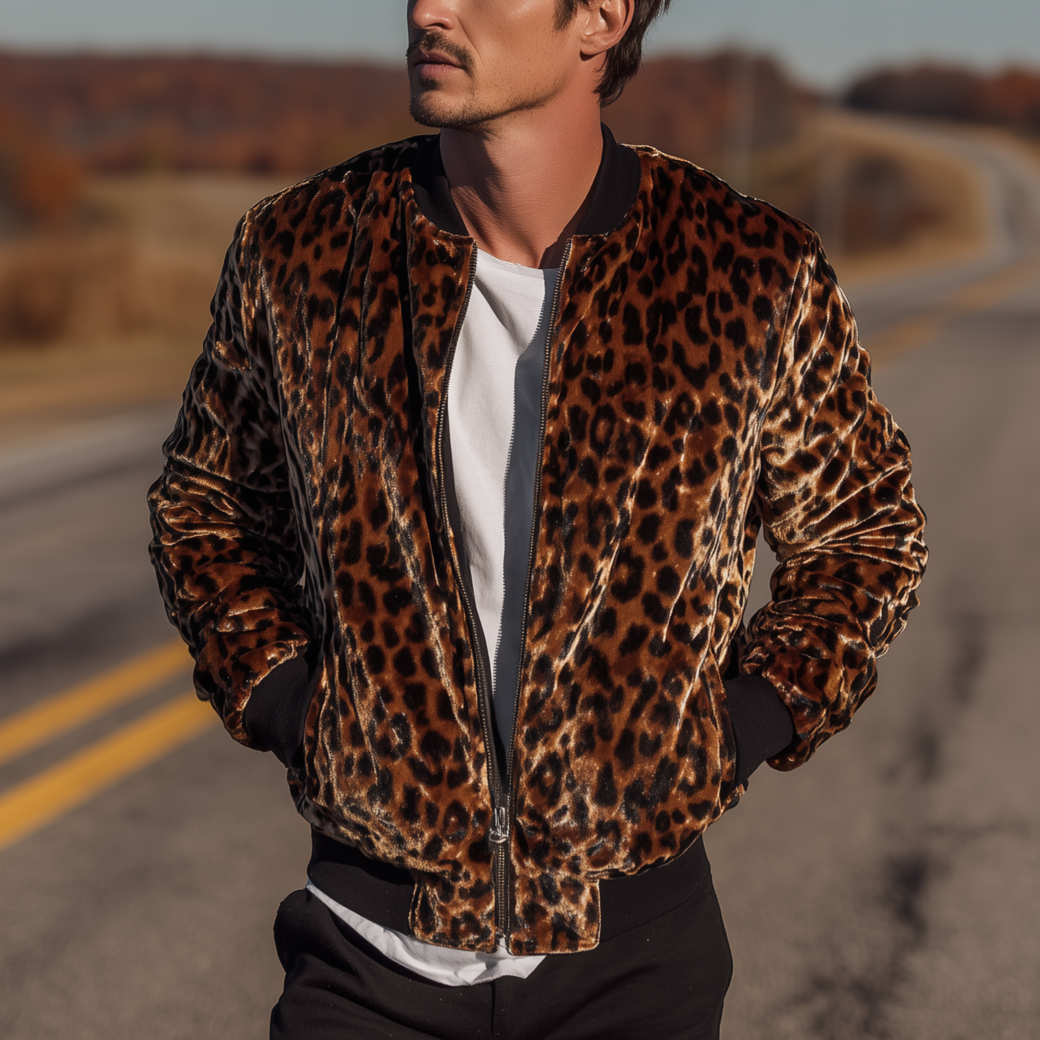 Men's Classic Casual Western Leopard Print Velvet Zip-Up Jacket MTA2851H6K