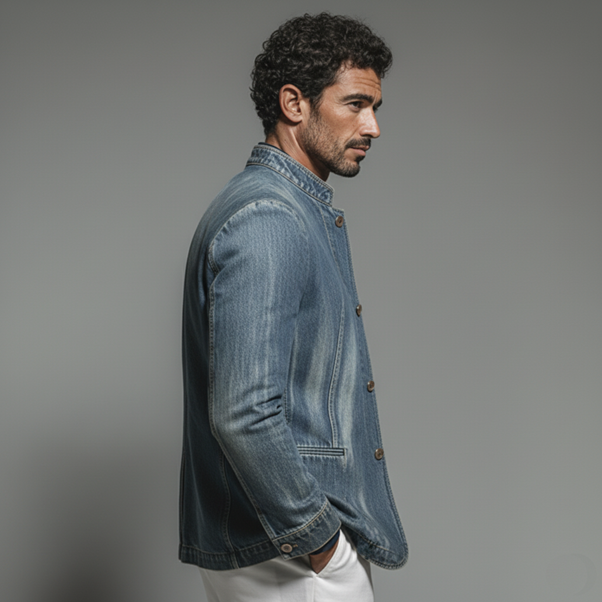 Men's Classic Retro Stand-up Collar Washed Denim Single-breasted Jacket MTA3021K4K