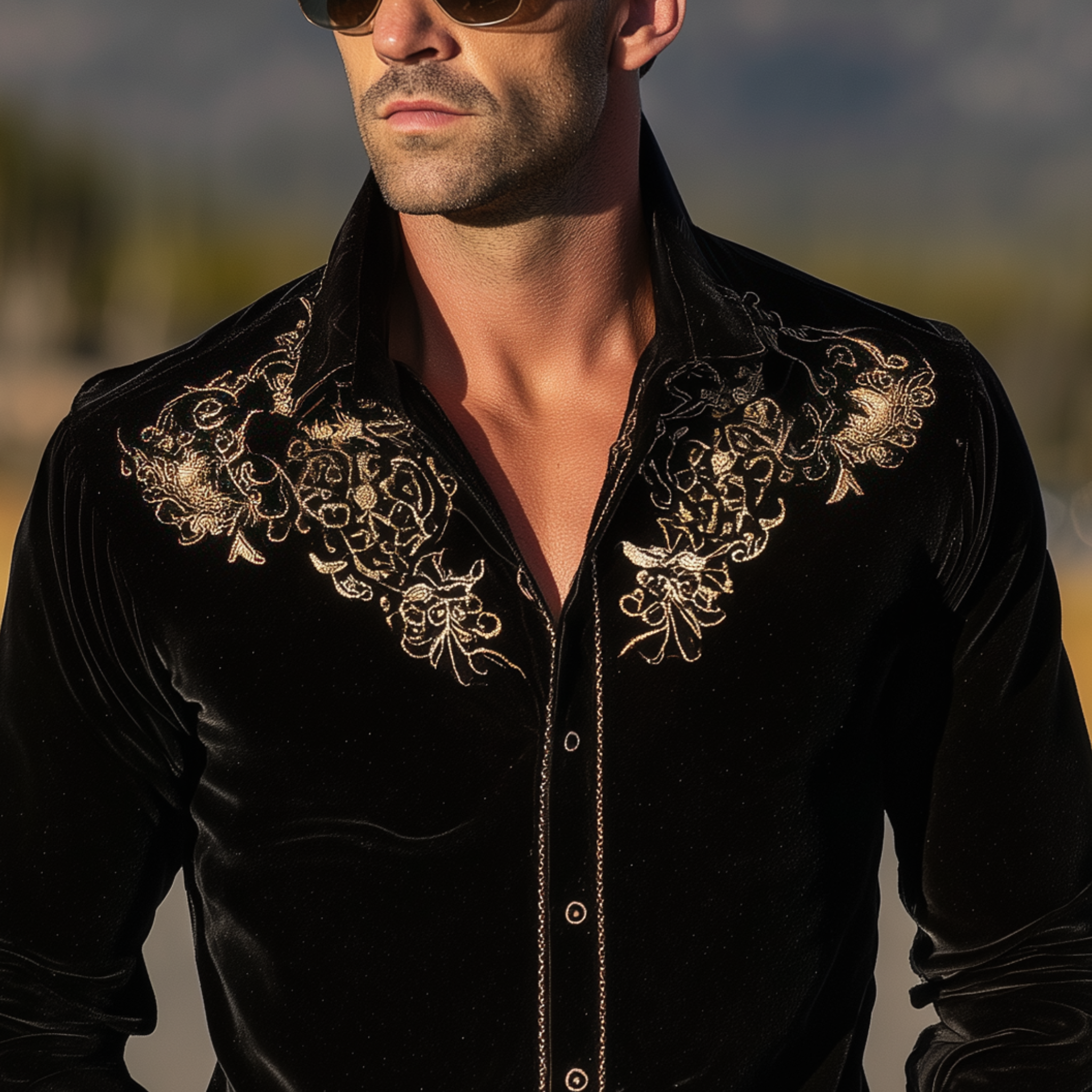 Men's Classic Retro Western Style Velvet Embroidered Slim-fit Long-sleeved Shirt MTA1525H4K
