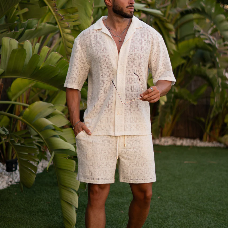 Men's Spring And Summer Fashion Casual Lace Sexy Micro-transparent Short-sleeved Shirt Shorts Set MTA0928G0K