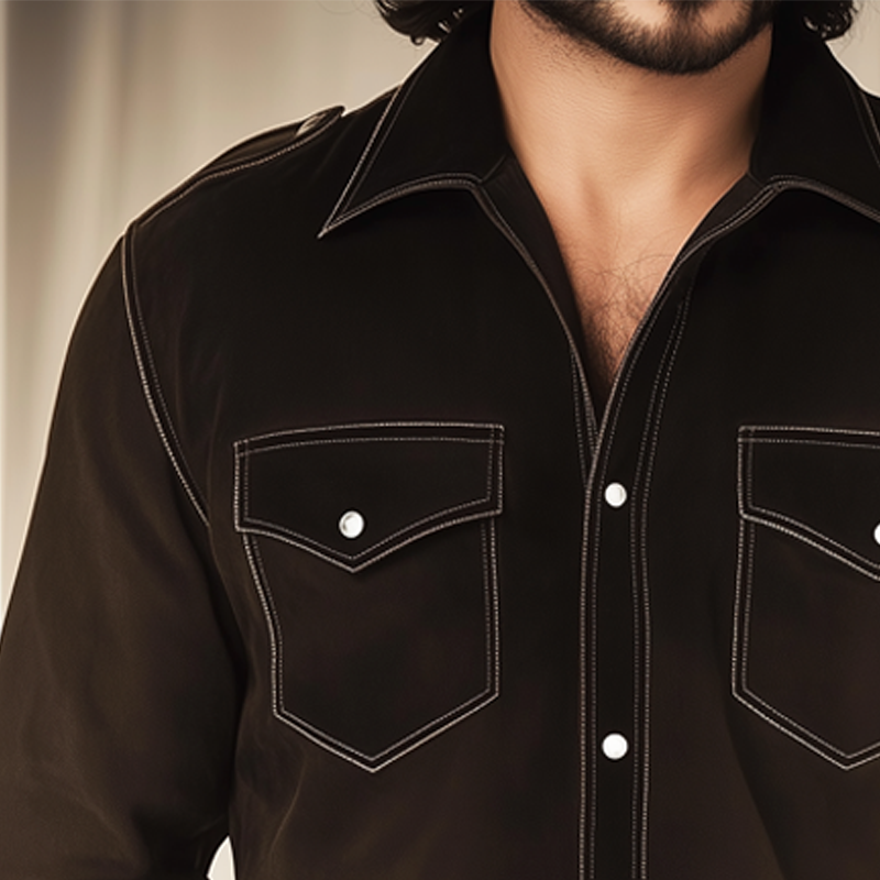 Men's Spring And Autumn Basic Dark Brown Suede Long Sleeve Shirt MTA0764H9U