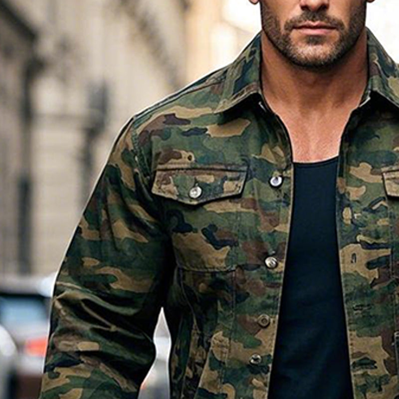 Men's Camouflage Denim Single Breasted Lapel Jacket 52951044X