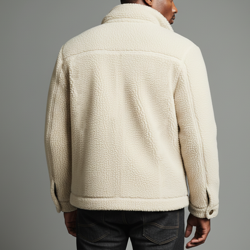 Men's Urban Style Off-white Fleece Button-up Slim-fit Jacket MTA2541K5U