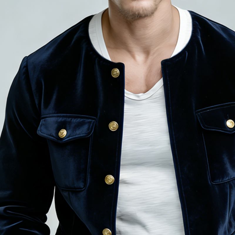 Men's Retro Casual Solid Color Velvet Collarless Button-Down Jacket MTA1745L6TO