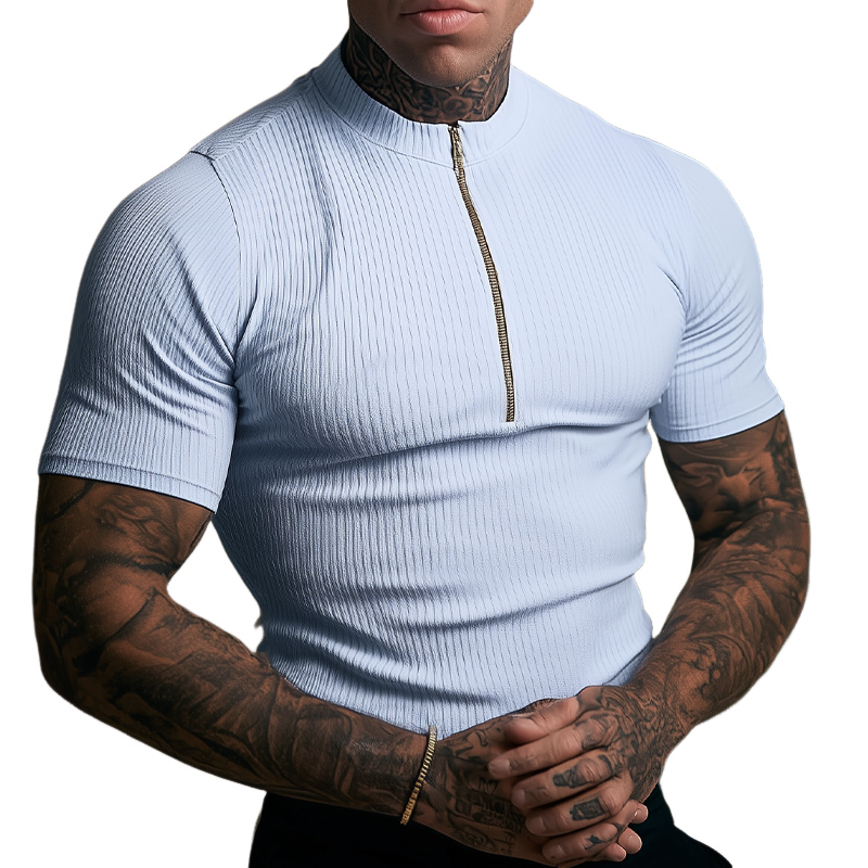 Men's Slim Fit Knitted Half-zip Pullover Short-sleeved Shirt MTA1785G8X
