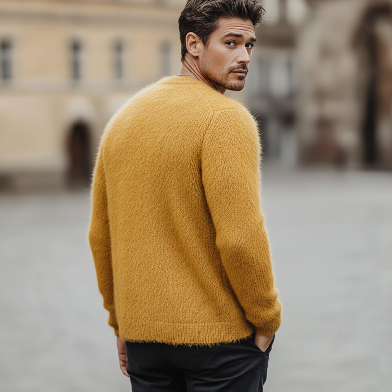 Men's Classic Mustard Yellow Faux Mink Fur Knitted Cardigan MTA1007L3U