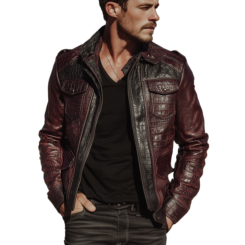 Men's Winter Western Cowboy Style Imitation Crocodile Leather PU Splicing Jacket MTA1893I0P