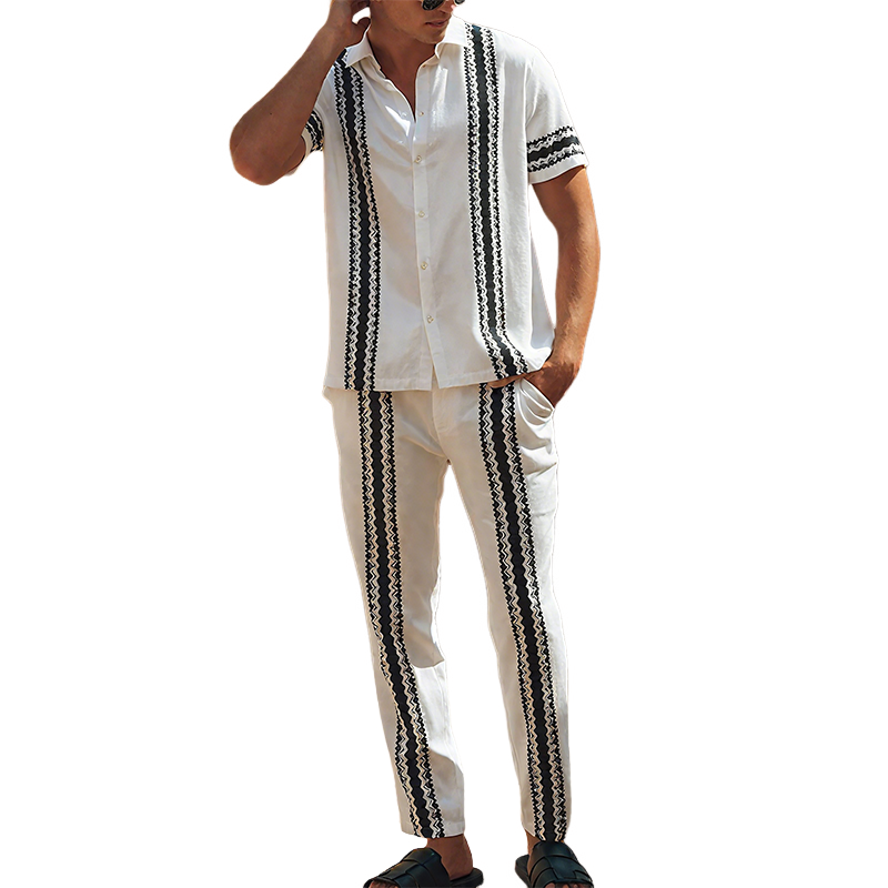 Men's Spring And Summer Fashion Casual Tencel Cotton Printed Short Sleeve Shirt Pants Set MTA0975G0K