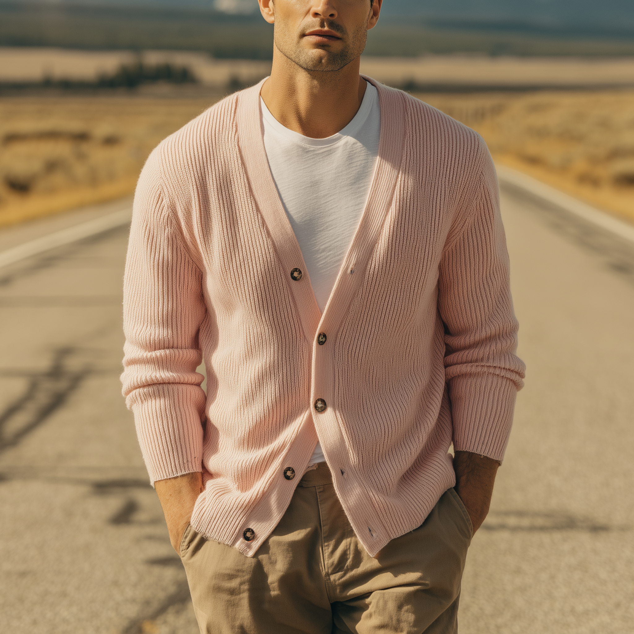 Men's Classic Casual V-neck Pink Knitted Cardigan MTA2964H0K