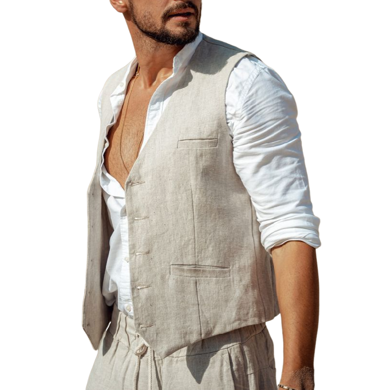 Men's Casual Linen V-neck Single-breasted Slim Fit Vest 84418557M