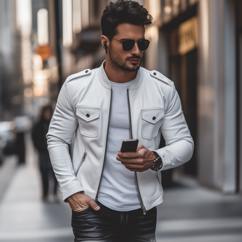 Men's Casual Solid Color Faux Leather Stand Collar Zipper Multi-Pocket Slim Fit Motorcycle Jacket MTA2521G5M
