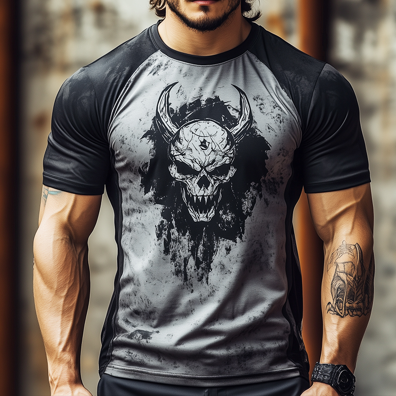 Men's Retro Casual Skull Print Round Neck Short Sleeve T-Shirt 01808377TO