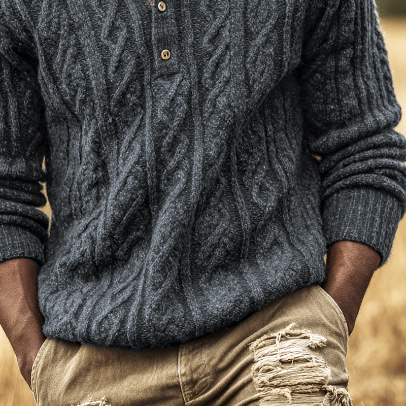 Men's Solid Cable Knit Henley Collar Long Sleeve Sweater MTA1245I9Z