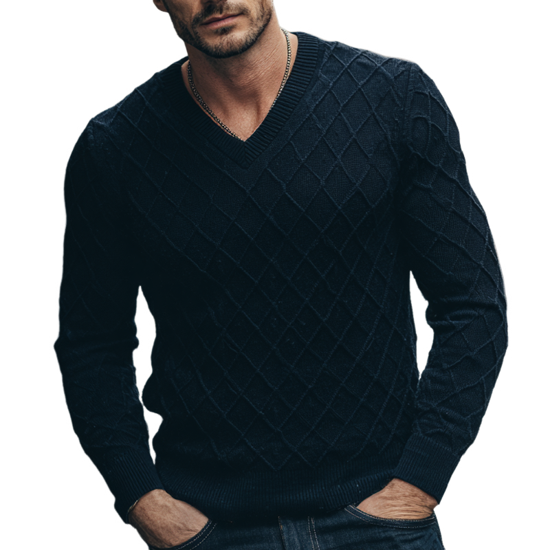 Men's Solid Color Diamond Check Texture V-neck Pullover Sweater MTA1351H3X