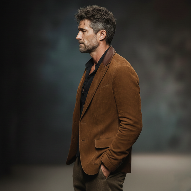 Men's Business Suede And PU Leather Two-button Double-slit Blazer MTA2214J9U