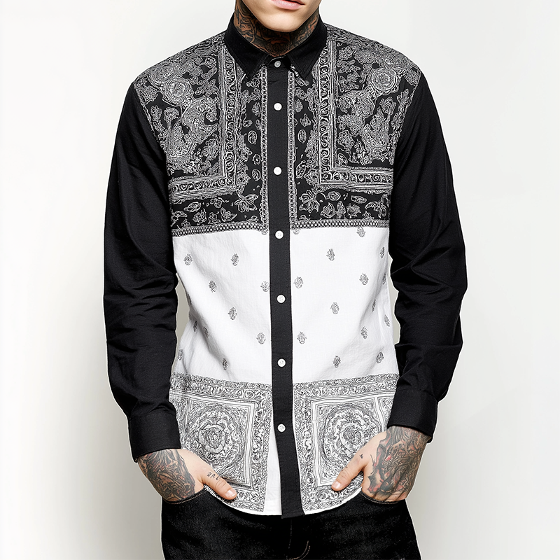 Men's Retro Casual Paisley Colorblock Lapel Long Sleeve Shirt MTA0667H9TO