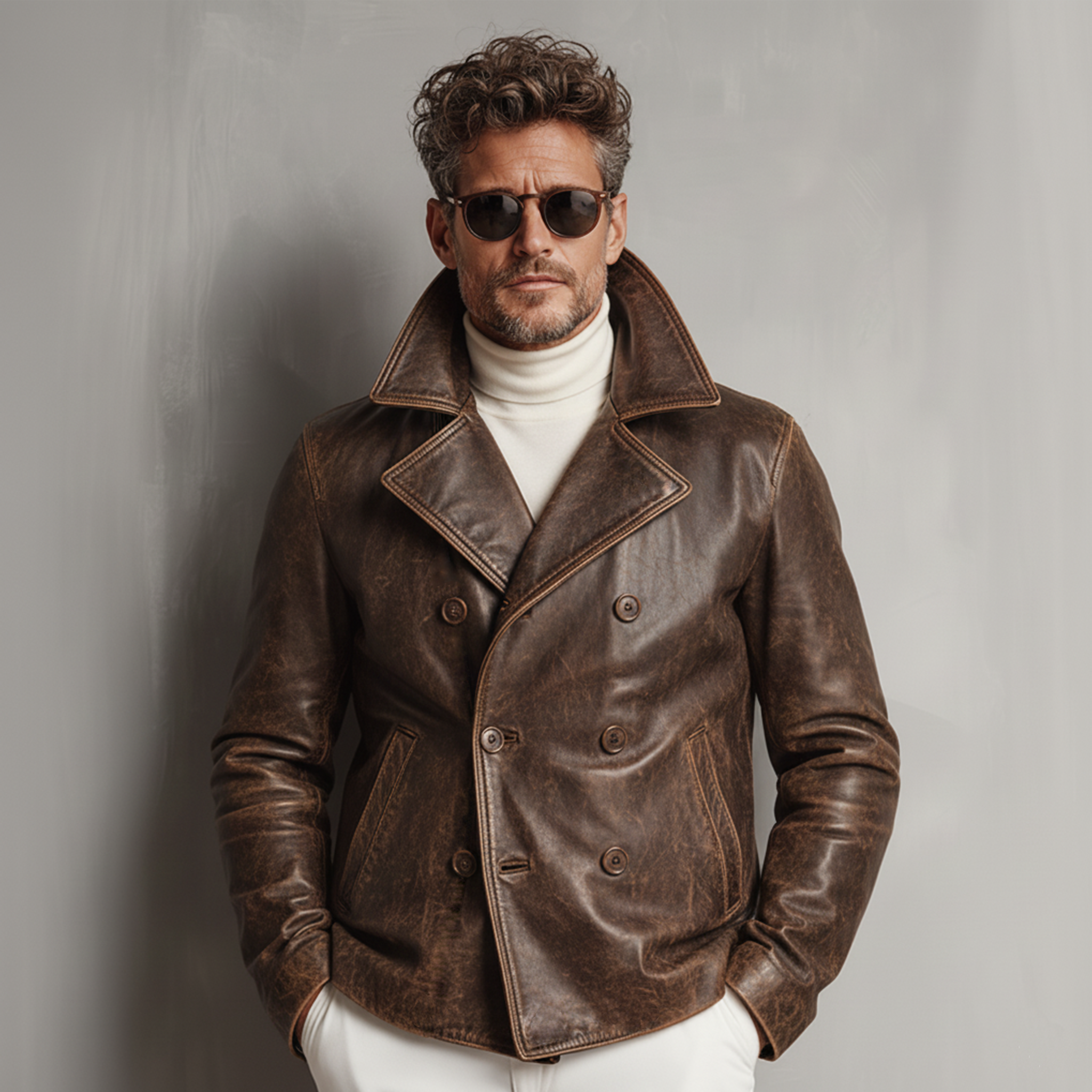 Men's Classic Vintage Distressed Lapel PU Leather Double-breasted Jacket MTA2205J0K