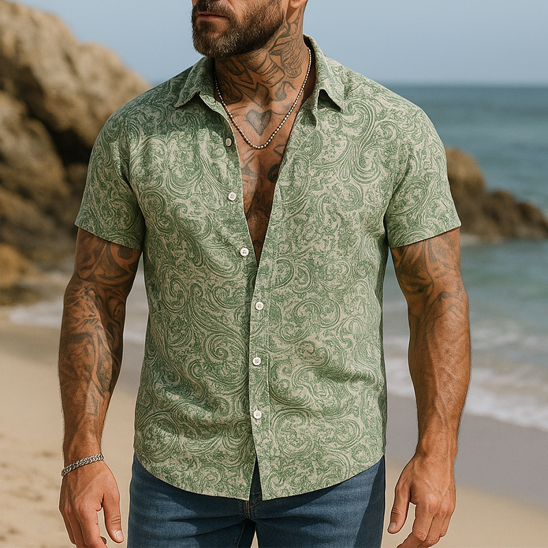 Men's Summer Fashion Printed Polyester Blended Short Sleeve Shirt MTA0902F1P