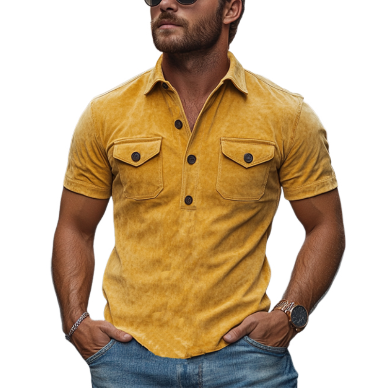 Men's Retro Casual Slim V-Neck Multi-Pocket Suede Short-Sleeved POLO Shirt 50821227K