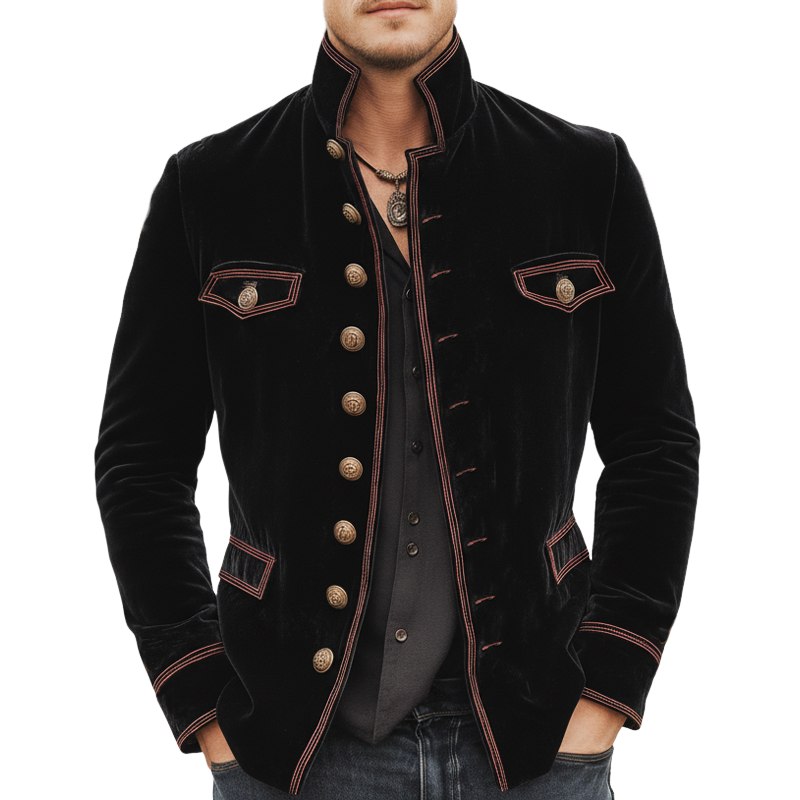 Men's Retro Velvet Stand Collar Multi-Button Slim Fit Jacket MTA1188K3U