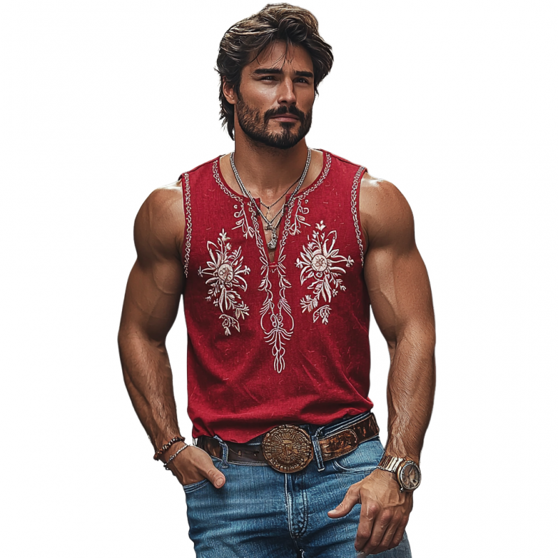 Men's Casual Breathable Cotton V-Neck Flower Embroidery Slim Fit Western Tank Top MTA2197E6M