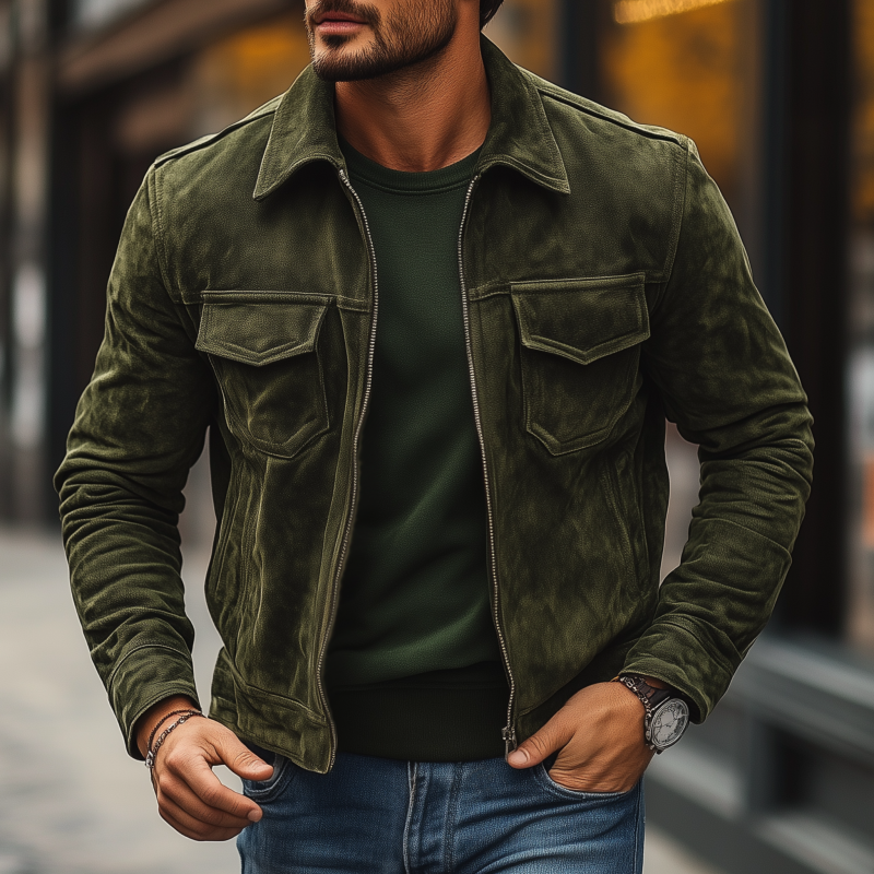 Men's Vintage Solid Suede Lapel Zipper Placket Flap Chest Pocket Slim Fit Jacket MTA0579H8M