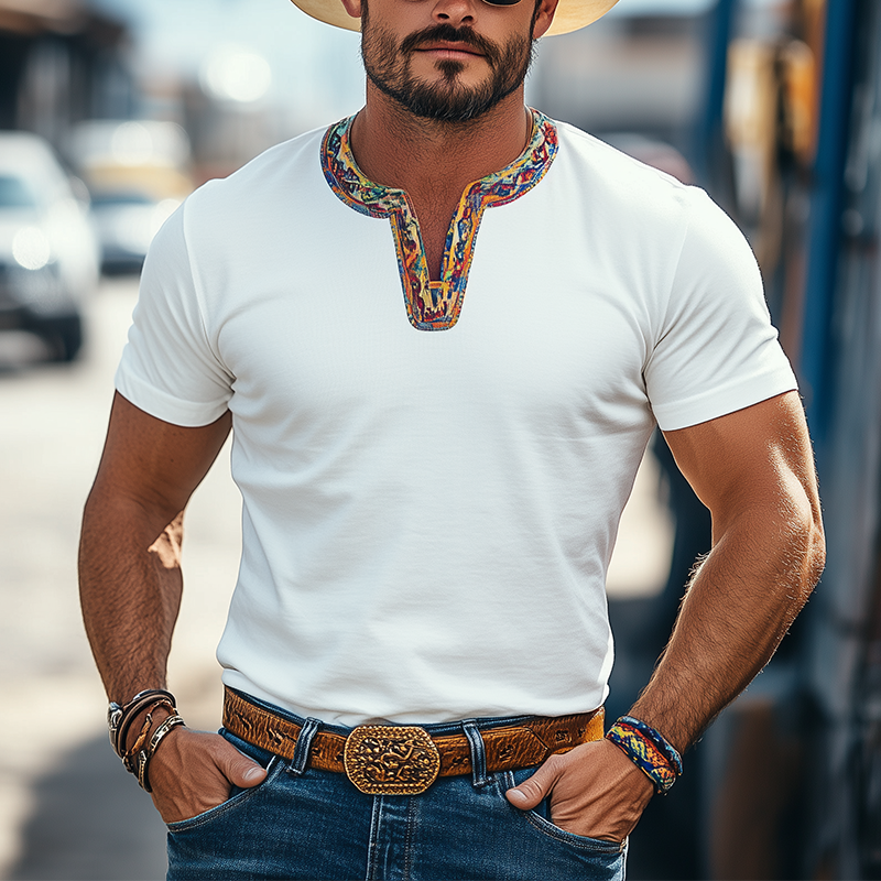 Men's Classic Casual Retro Western Cowboy Style Cotton Blend V-Neck Splicing Colorful Ribbon Short-Sleeved T-Shirt MTA1256E8K