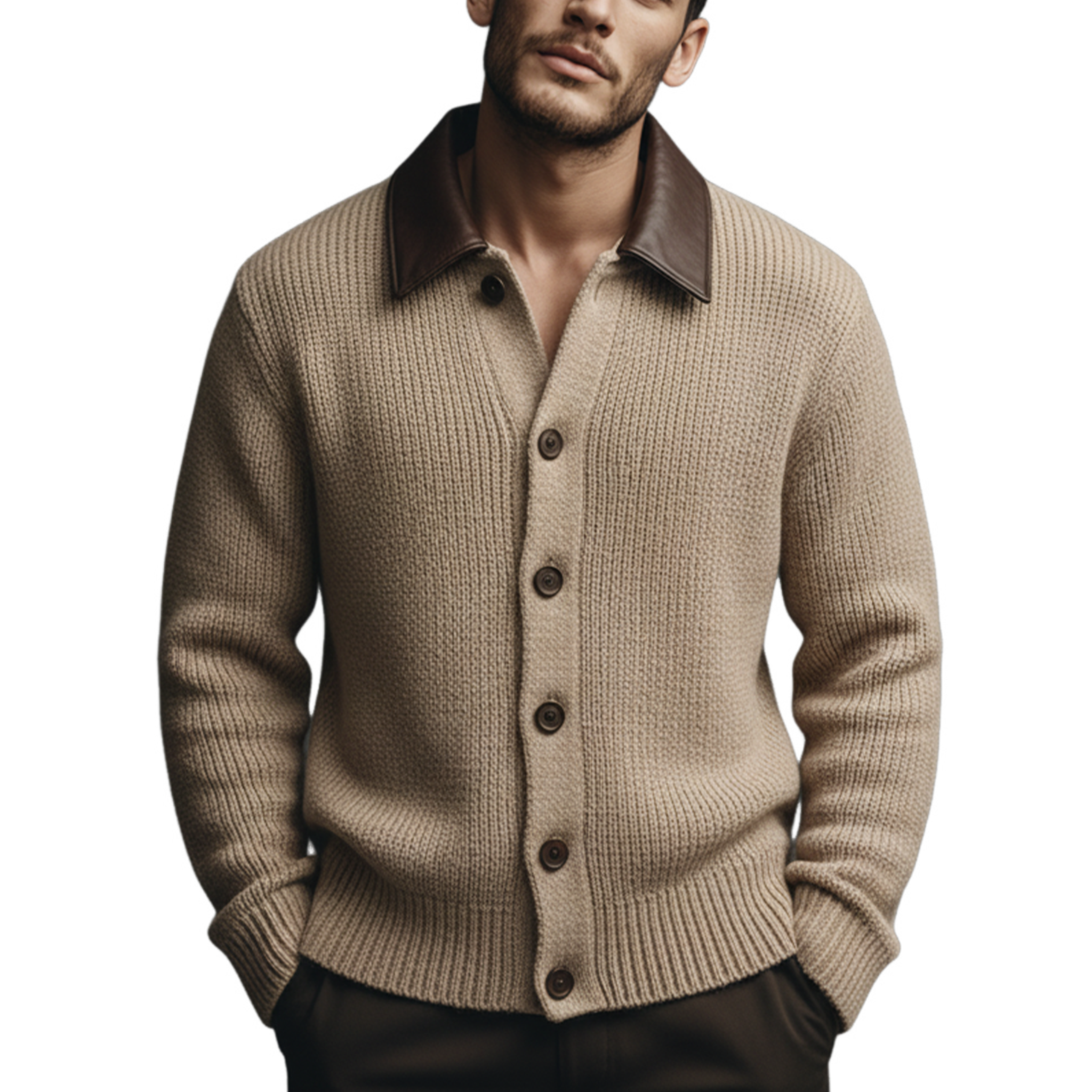 Men's Classic Retro Lapel Stitching PU Leather Knitted Cardigan MTA2397J2K