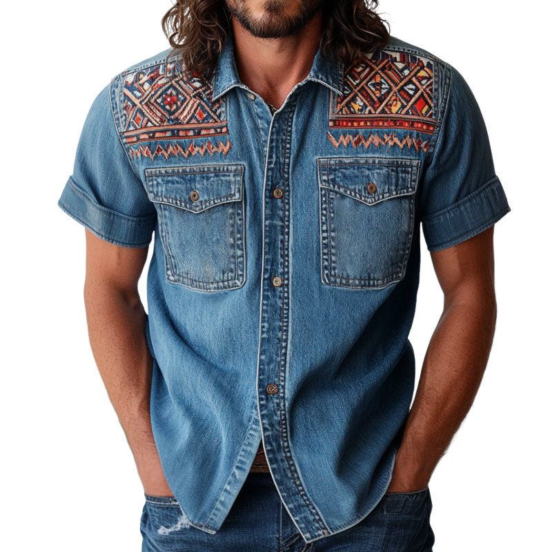 Men's Retro Casual Ethnic Style Printed Denim Lapel Short Sleeve Shirt MTA0920E2TO