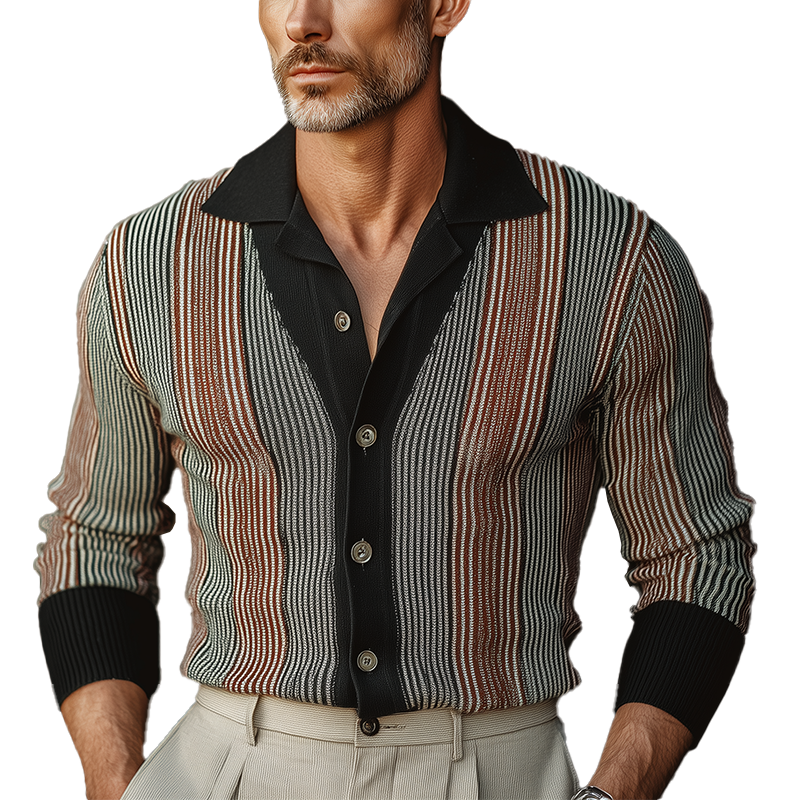 Men's Autumn Fashion Contrast Color Vertical Stripes Knitted Sweater Cardigan MTA1645I7P