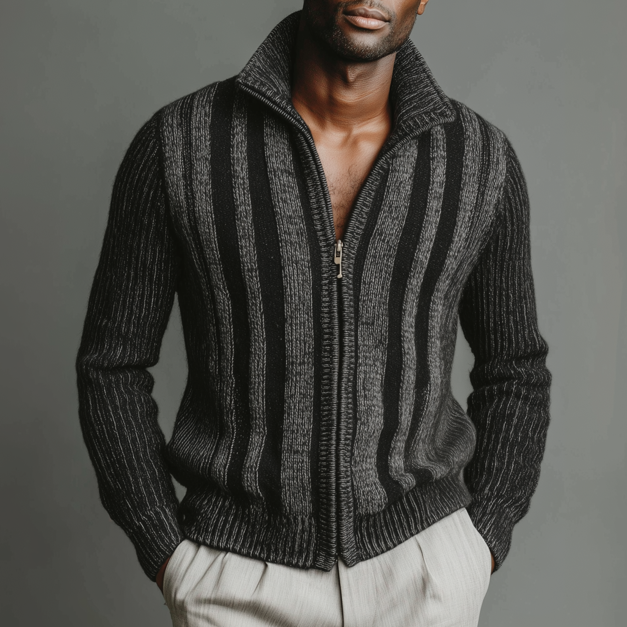Men's Classic Retro Vertical Striped Stand Collar Zipper Knitted Cardigan MTA2367I5K