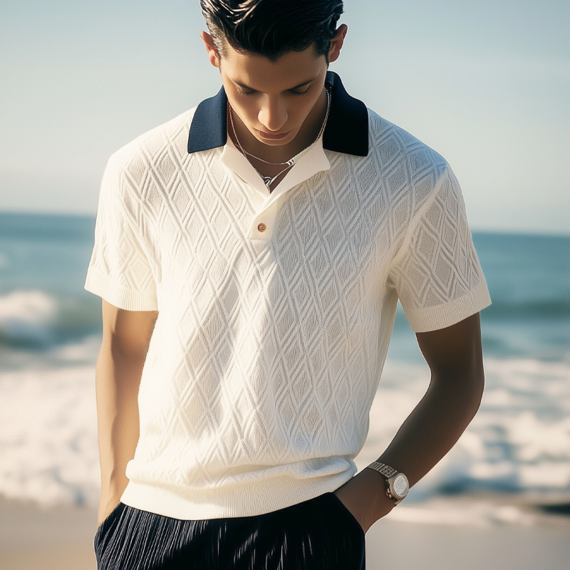 Men's Summer Diamond Jacquard Knitted Polo Neck T-Shirt MTA3099F0U