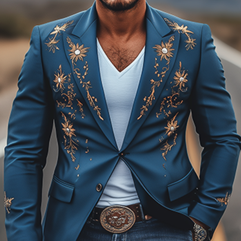 Men's Fashion American Retro Western Style Satin Embroidered Blazer 14388364K