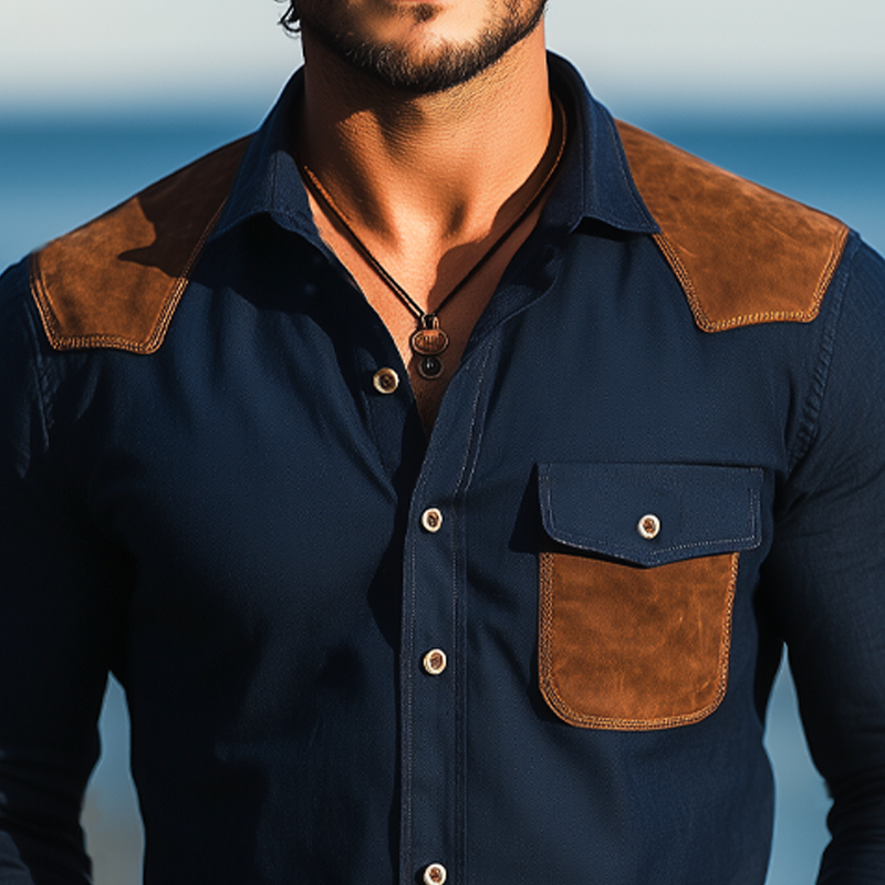 Men's Business Cotton Suede Stitching Long Sleeve Shirt MTA2862G5U