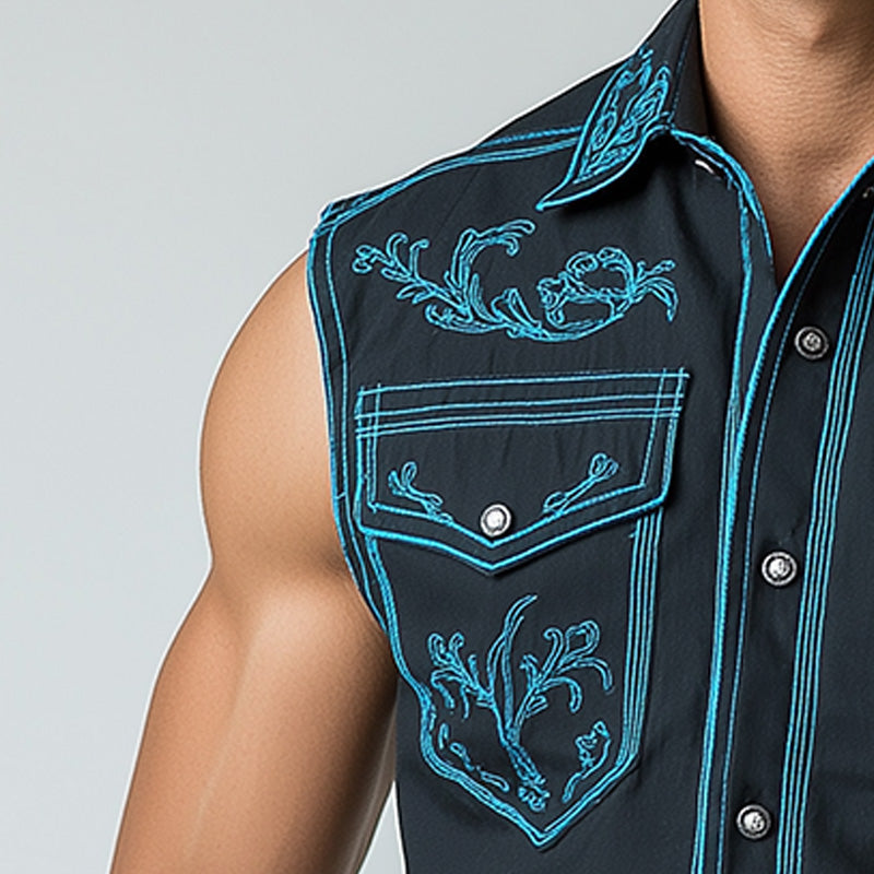 Men's Summer Western Cowboy Style Embroidered Cotton Blended Sleeveless Shirt MTA1404E4P