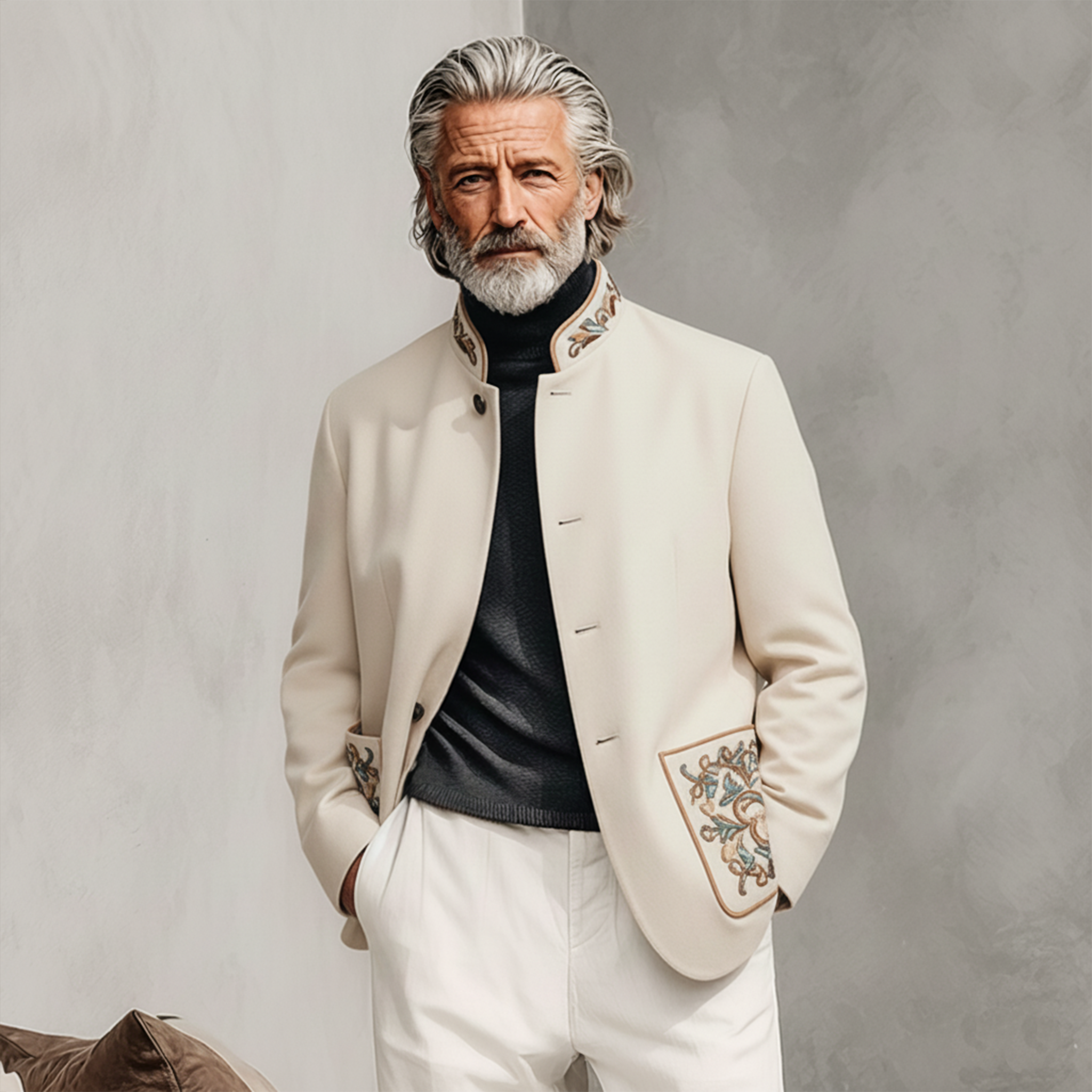 Men's Classic Retro Stand-up Collar And Embroidered Pocket Faux Velvet Single-breasted Jacket MTA0661K9K