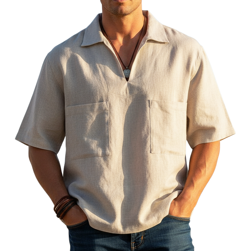 Men's Casual Loose Beige V-neck Cotton And Linen T-shirt MTZ1096B2U