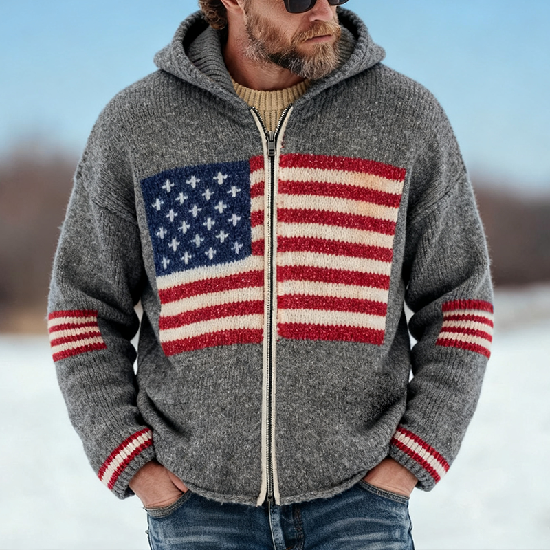 Men's Vintage Casual Knit American Flag Hooded Zip-Up Cardigan Jacket MTA1645J6TO