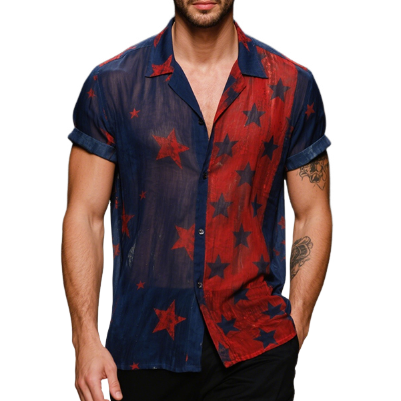 Men's Retro Casual Contrast Print Star Lapel Short Sleeve Shirt MTA2309E7TO