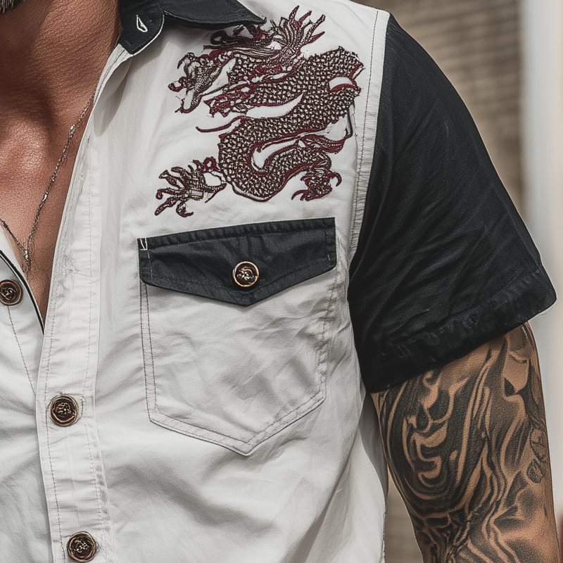 Men's Contrast Dragon Print Short Sleeve Shirt MTA0391G7X