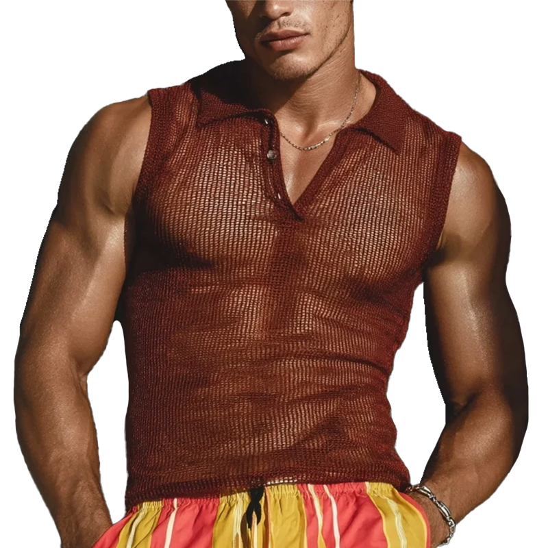 Men's Knitted Polo Neck Sleeveless Tank Top MTA0419G8Y