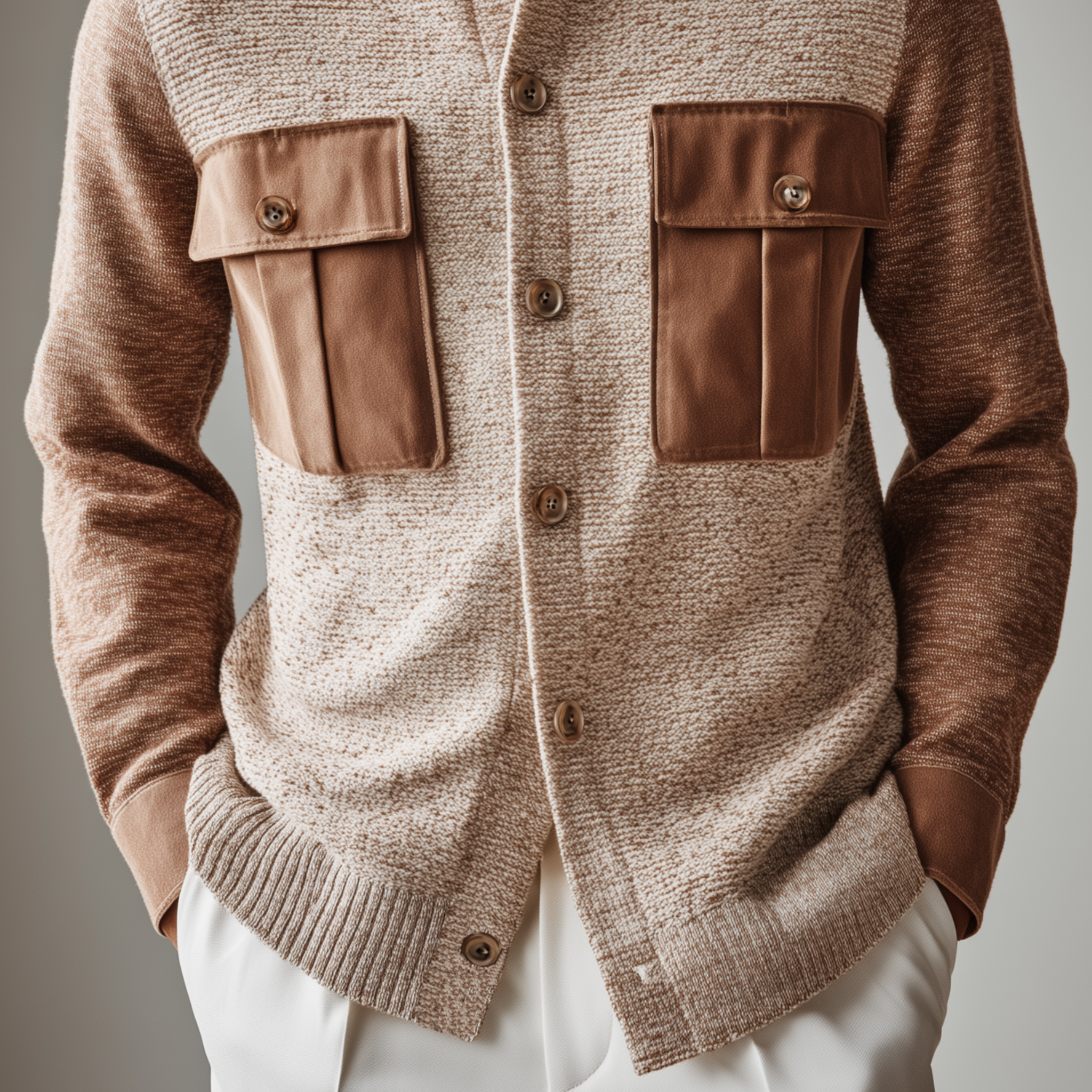 Men's Fashion Casual Pocket And Cuff Stitching Suede Lapel Knitted Long Sleeve Shirt Jacket MTA2930G2K