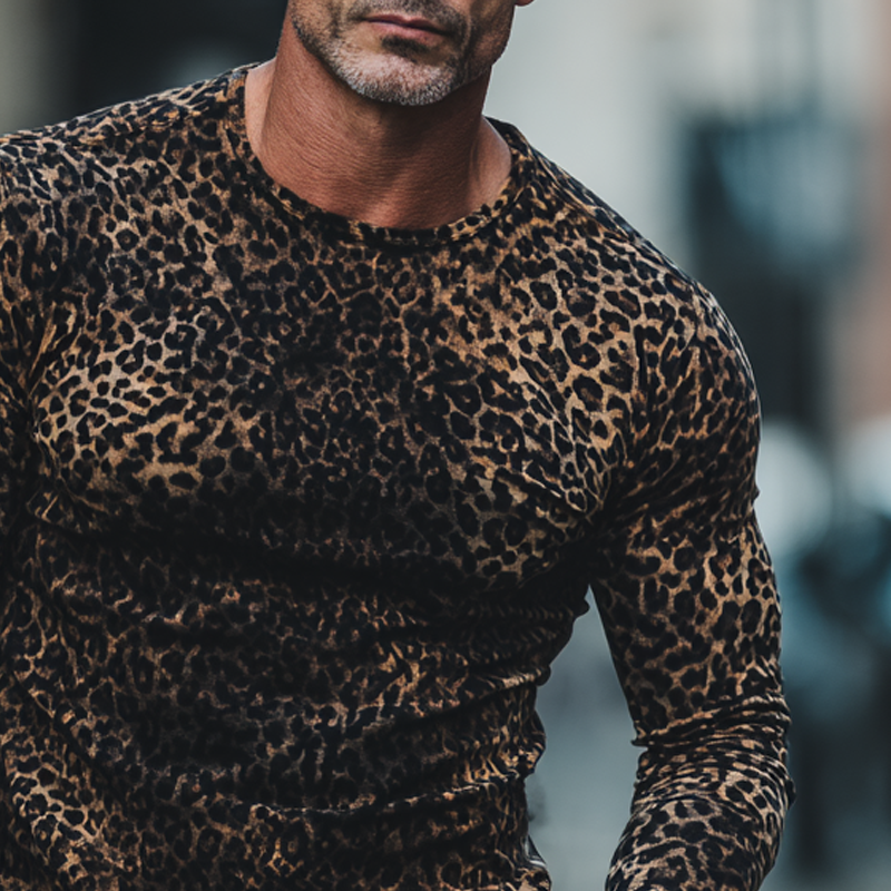 Men's Leopard Print Crew Neck Long T-shirt MTA1437H3X