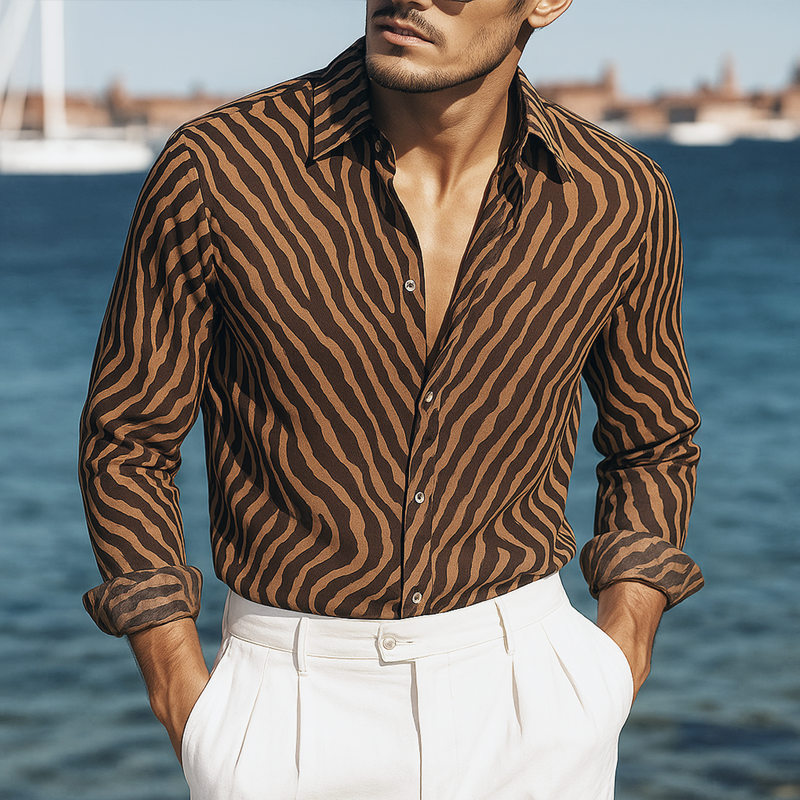 Men's Zebra Print Chiffon Lapel Long Sleeve Shirt MTA2116G6Z